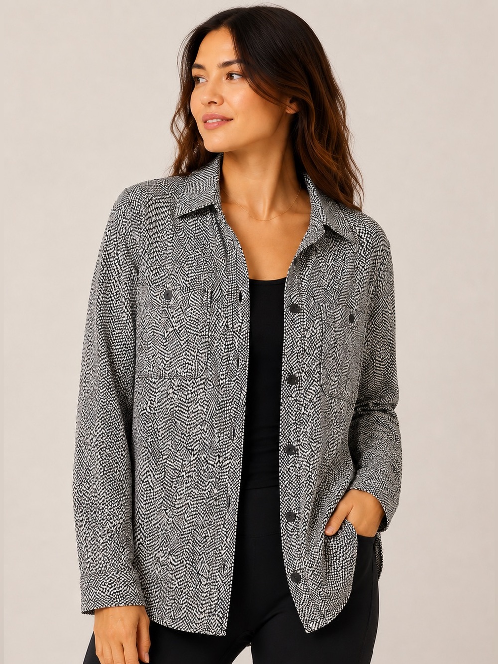 #408 NWT Athleta Textured Shirt Jacket Black White Large